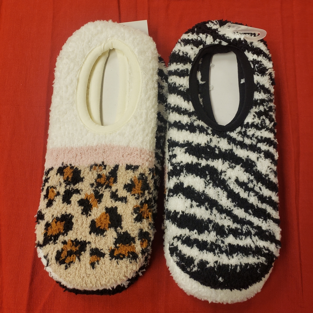 Old Navy Fuzzy Leopard and Zebra Slippers - Black, White, Pink, Tan